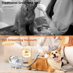 Dog Grooming Kit - 60dB Low Noise Dog Hair Vacuum Groomer Suck in 99 Percent Hair, Dog Grooming Vacuum for Shedding ≥2L Capacity, 8 Pet Grooming Tools for Dog Cat Min-gray