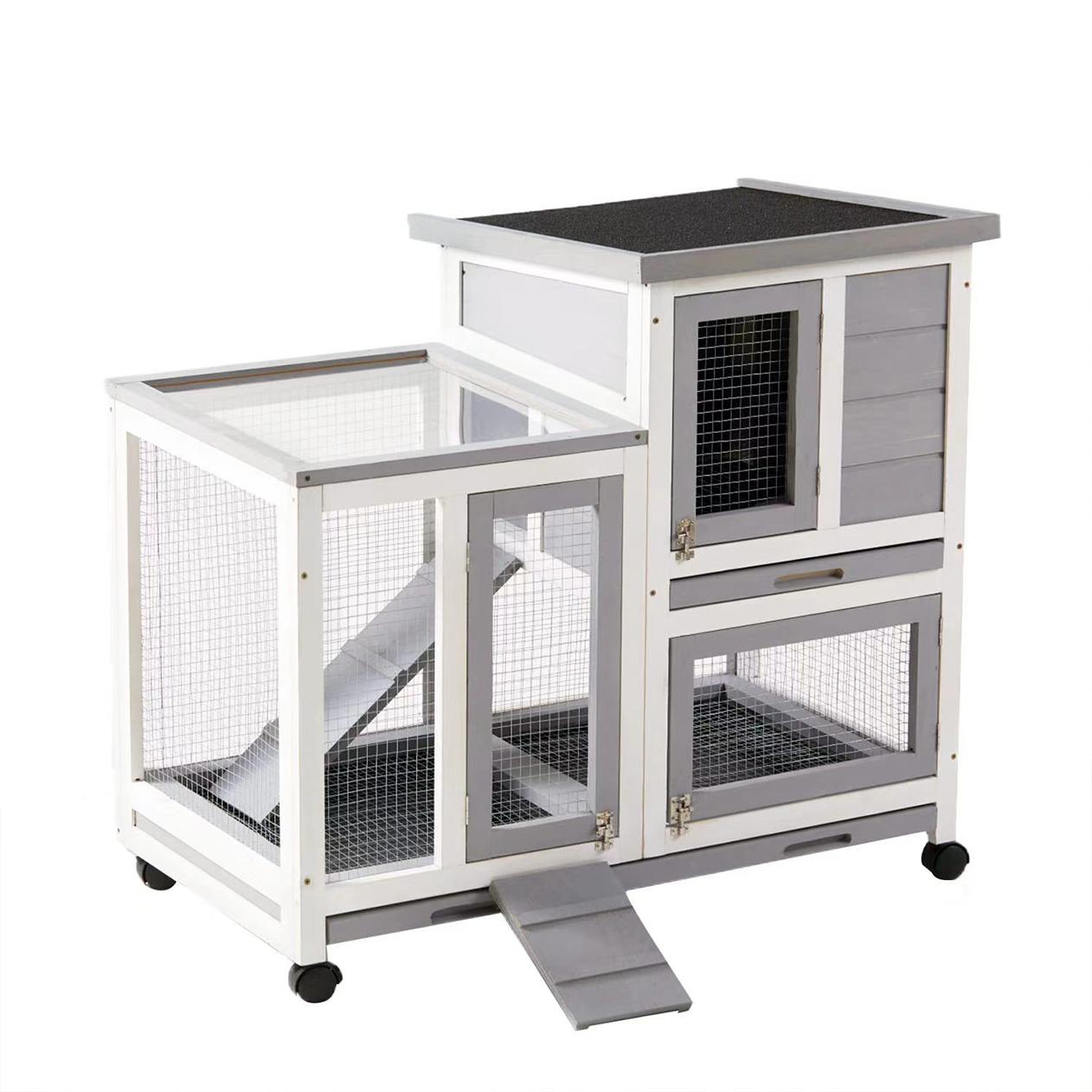 Rabbit Hutch Wooden Bunny Hutch Indoor- Outdoor Rabbit Cage Guinea Pig Cage for Small Animals with Exclusive TWO Trays & Bottom Wire Mesh (Grey)