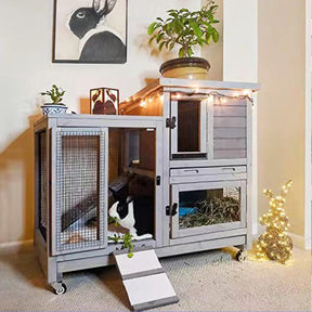 Rabbit Hutch Wooden Bunny Hutch Indoor- Outdoor Rabbit Cage Guinea Pig Cage for Small Animals with Exclusive TWO Trays & Bottom Wire Mesh (Grey)