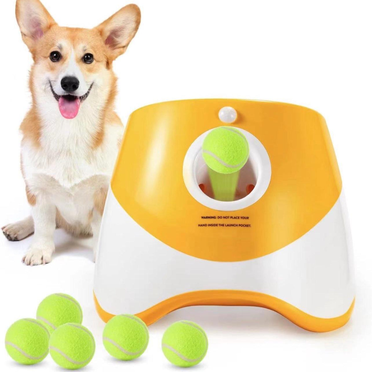 Automatic Dog Ball Launcher, Dog Ball Thrower with 3 Launching Distance, Interactive Dog Toys for Small & Medium Dogs Indoor & Outdoor, 3 Mini Tennis Balls (2 inch) Included, Orange/Green Color