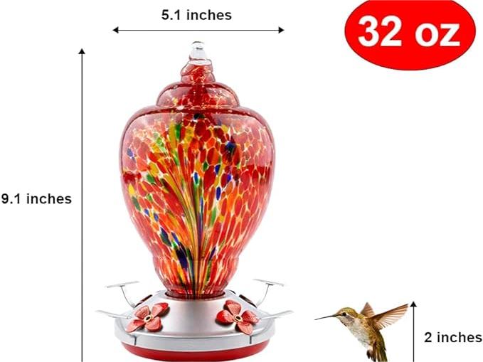 Hummingbird Feeder for Outdoors Patio Large 32 Ounces Colorful Hand Blown Glass Hummingbird Feeder with Ant Moat Hanging Hook, Rope, Brush and Service Card (RED-Firework)