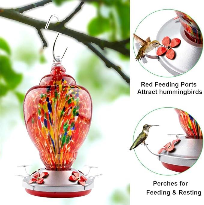 Hummingbird Feeder for Outdoors Patio Large 32 Ounces Colorful Hand Blown Glass Hummingbird Feeder with Ant Moat Hanging Hook, Rope, Brush and Service Card (RED-Firework)