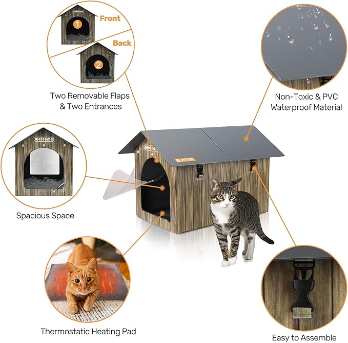 Heated Cat House, PETNF Waterproof Cat House for Indoor Outdoor Cats in Winter, Heated Cat Bed for Outside Feral Cats with Heated Pad, Weatherproof Insulated Kitty House Outdoor Shelter